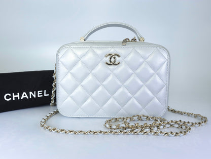 Chanel Metallic Silver Quilted Lambskin Vanity Case | Champagne Gold Hardware
