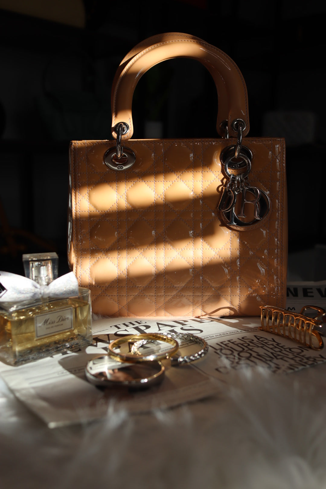 Christian Dior Lady Dior Medium Patent Cannage Rose Clair (Peach) Bag