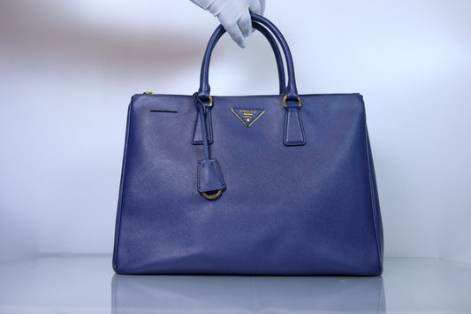 Prada Galleria Large Double Zip Tote Blue Saffiano Lux Leather