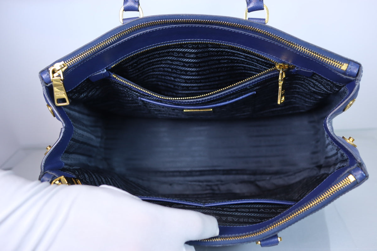 Prada Galleria Large Double Zip Tote Blue Saffiano Lux Leather