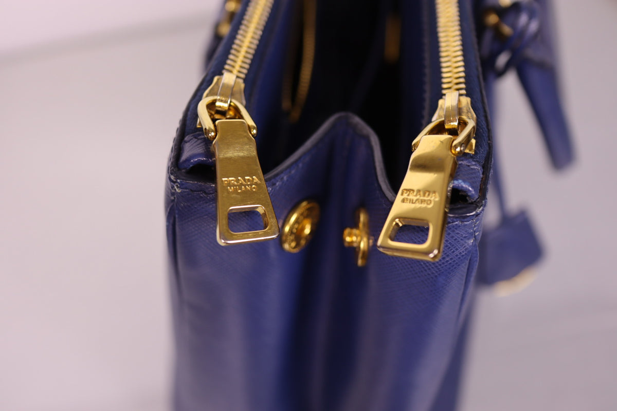 Prada Galleria Large Double Zip Tote Blue Saffiano Lux Leather