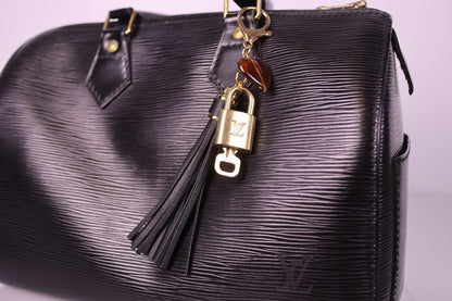 Louis Vuitton Lock & Key Amber Heart Black Bag Charm | No. 302