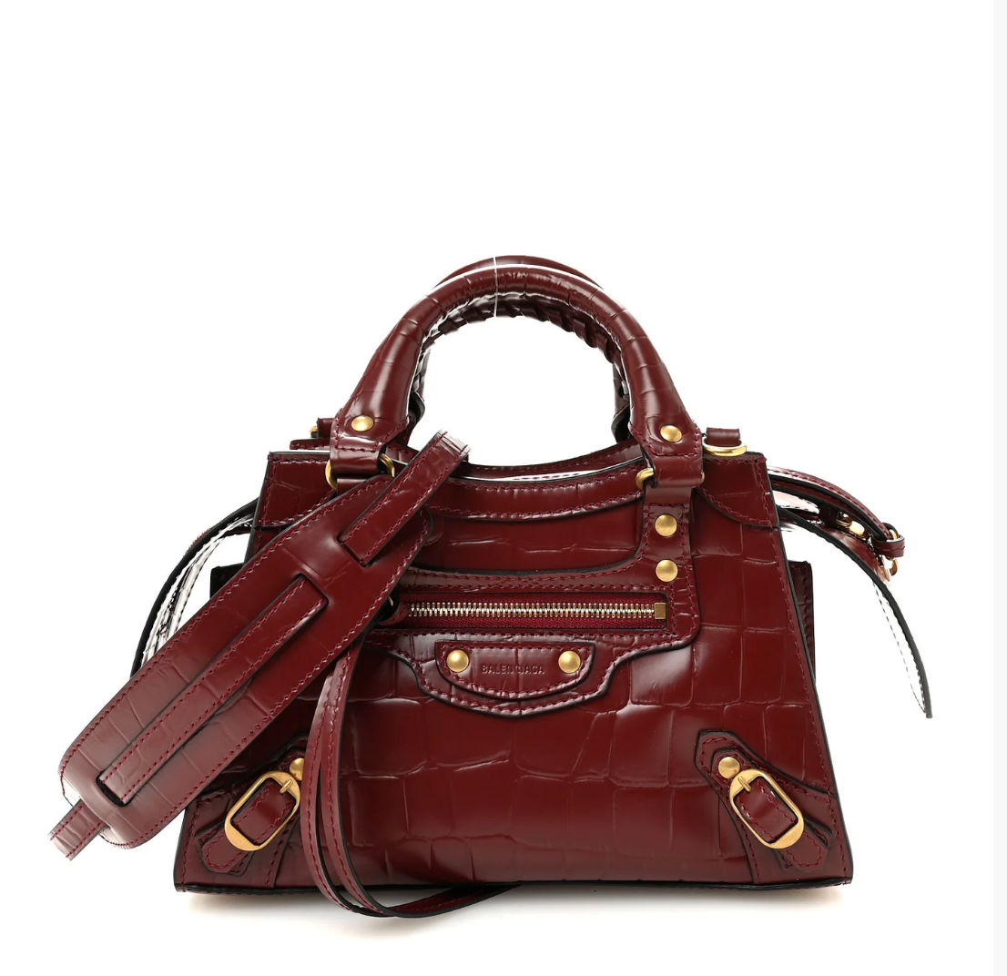 Balenciaga Calfskin Crocodile Embossed Neo Classic Mini City Bag in Dark Red